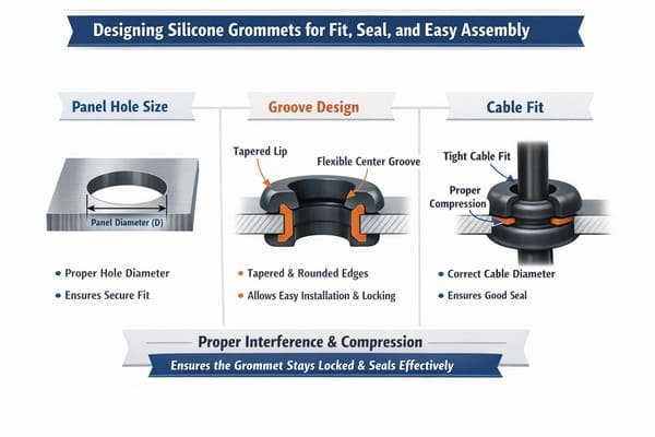 Silicone cable grommets, wires and corrugated conduit passing through metal panels, red and black rings, protect cables and seal.