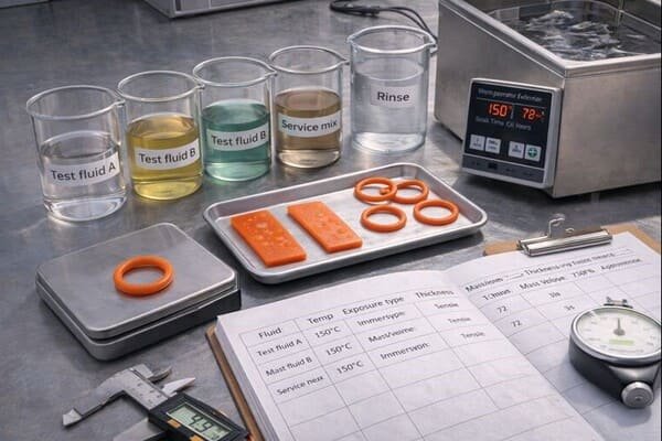 Silicone rubber chemical resistance test, orange O-rings in labeled test fluids, heated bath setup with exposure log sheet.