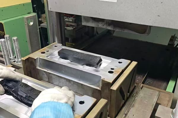 Silicone rubber molding process, worker placing black compound into open metal mold on a hydraulic press, factory production setup.