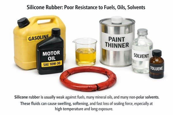 Silicone rubber poor fuel and solvent resistance, cracked red gasket beside gasoline, motor oil, paint thinner, and toluene.