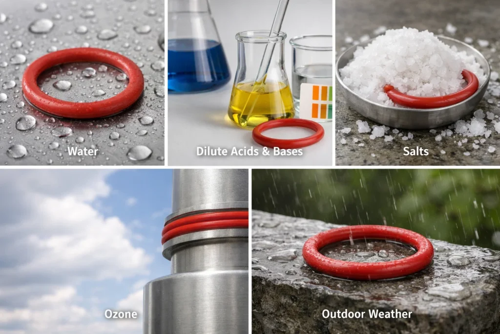 Silicone O-ring resistance collage, red seal shown in water, dilute acids and bases, salts, ozone, outdoor weathering.