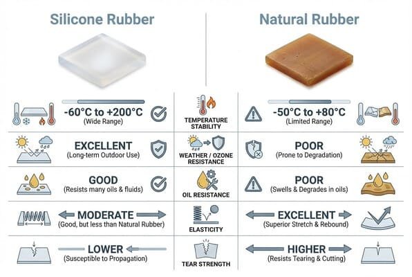 Silicone vs natural rubber infographic comparing temperature, oil resistance, elasticity, and tear strength for industrial use.