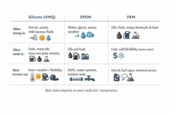 Silicone vs EPDM vs FKM chemical resistance chart, media icons for ozone water oils, showing strengths, weaknesses, and uses.