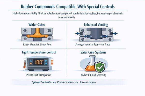 Rubber injection molding special controls infographic, wider gates and enhanced venting to reduce air traps, tight temperature control and safer cure system.