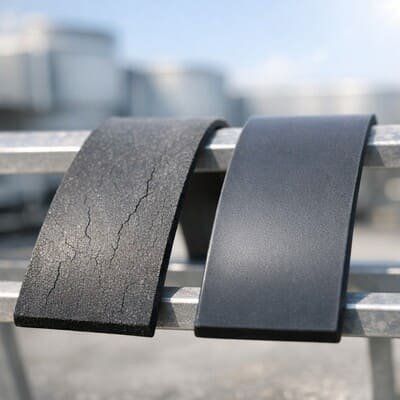 Weather aging comparison of silicone and natural rubber strips, one cracked and one smooth, showing UV and ozone resistance.