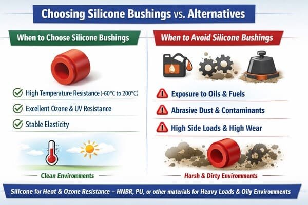 Choosing silicone bushings vs alternatives infographic, highlights high temperature and UV ozone resistance, warns against oils fuels abrasive dust and high side loads.
