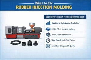 When to use rubber injection molding, injection press with molded seals shown, for medium to high volume and complex features with flash and cycle control.