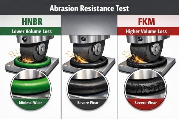 abrasion resistance test comparing hnbr and fkm materials showing wear levels