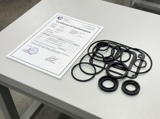 Certificate of conformance for rubber seals, displayed with O-rings, gaskets, and molded rubber components on an inspection table