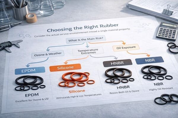 Choosing the right rubber material guide showing EPDM silicone HNBR and NBR, matched to ozone weather, temperature extremes, and oil exposure.