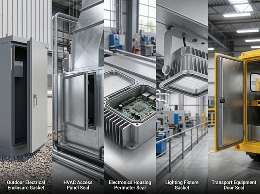 Closed cell silicone sponge gasket applications in outdoor enclosures, HVAC panels, electronics housings, lighting fixtures, and transport doors