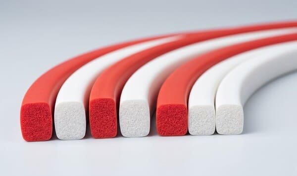 silicone sponge rubber strips in red and white, square cross-section