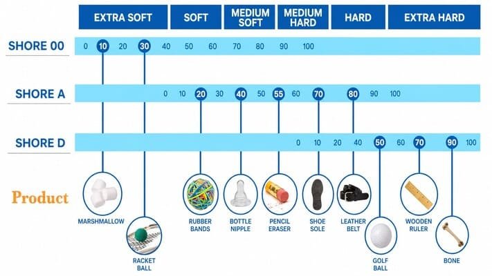 Common Shore hardness scales chart comparing Shore 00, Shore A, and Shore D with everyday product examples across softness ranges