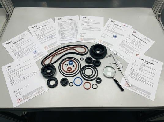 Compliance certificates for rubber seals, including RoHS, FDA, SGS, and flame standard documents displayed with sample rubber parts