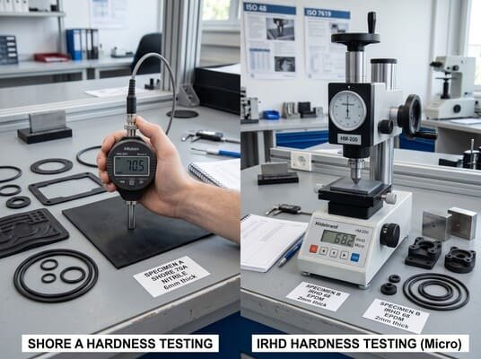 Shore A and IRHD hardness testing comparison, showing durometer testing on flat rubber sheets and micro IRHD testing on small specimens