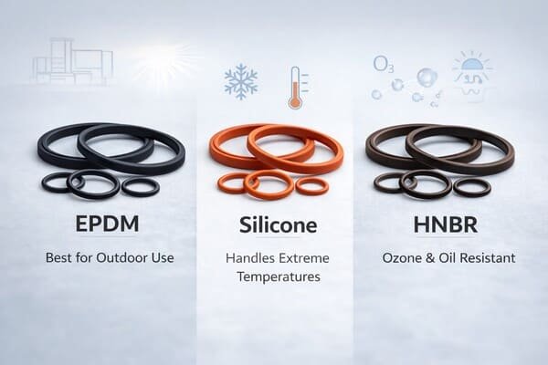 EPDM silicone and HNBR rubber seal ozone resistance comparison, showing O-rings for outdoor use, extreme temperatures, and oil and ozone resistance.