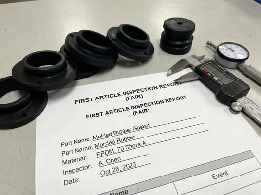 First article inspection report for molded rubber parts, with EPDM samples, caliper measurements, and inspection approval documents