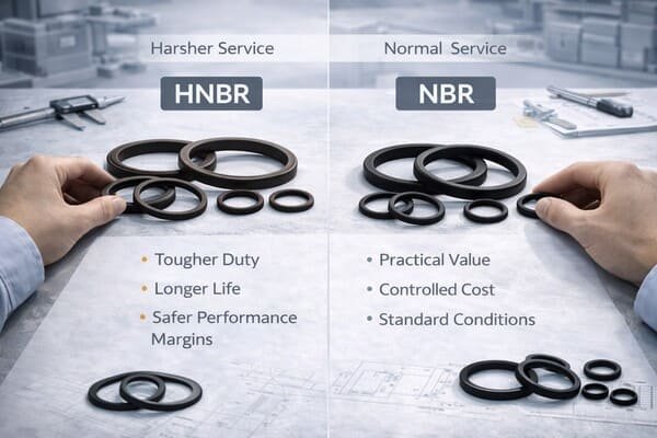 HNBR and NBR service condition comparison, showing rubber O-rings for harsher duty, longer life, practical value, and standard operating conditions.