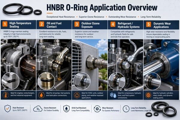 HNBR O-ring application overview, showing sealing use in high-temperature systems, oil and fuel contact, outdoor ozone exposure, and dynamic wear.