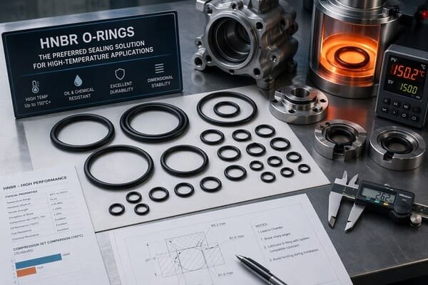HNBR O-rings for high-temperature sealing applications, displayed with metal housings, thermal test chamber, technical drawings, and precision measuring tools.
