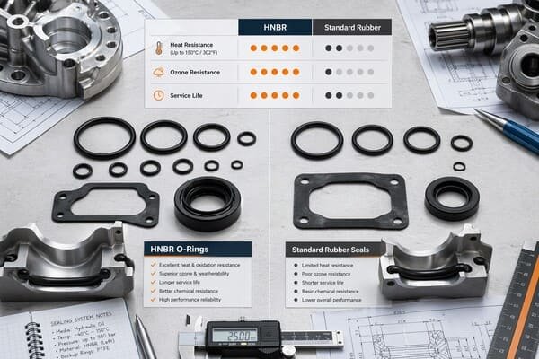 HNBR O-rings vs standard rubber seals comparison, with performance chart, service life ratings, and sealing parts arranged on an engineering desk.