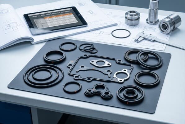 HNBR rubber seals and gaskets engineering layout, featuring O-rings, molded sealing parts, technical drawings, tablet data screen, and metal components.