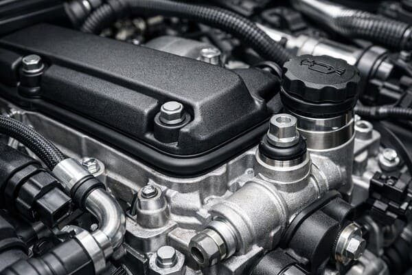 HNBR rubber seal in automotive engine bay, black gasket installed around metal housing, oil fittings, and high-temperature engine components.