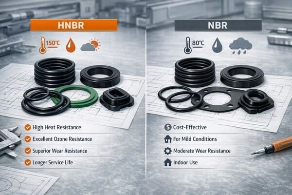 HNBR vs NBR rubber seal comparison chart, showing O-rings and gaskets for heat resistance, ozone resistance, wear resistance, and service life.