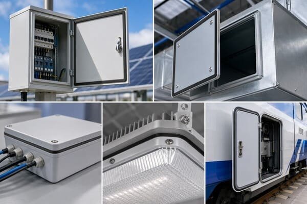 Industries using closed cell silicone sponge, including electrical cabinets, metal enclosures, junction boxes, lighting fixtures, and rail doors