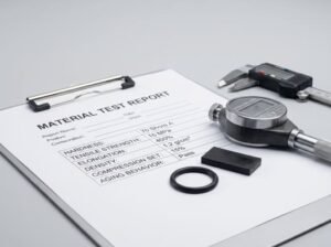 Material test report for a rubber O-ring, with hardness, tensile strength, elongation, density, and aging data beside inspection tools