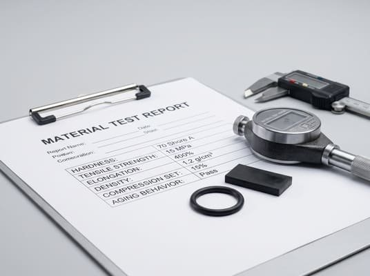 Material test report for a rubber O-ring, with hardness, tensile strength, elongation, density, and aging data beside inspection tools