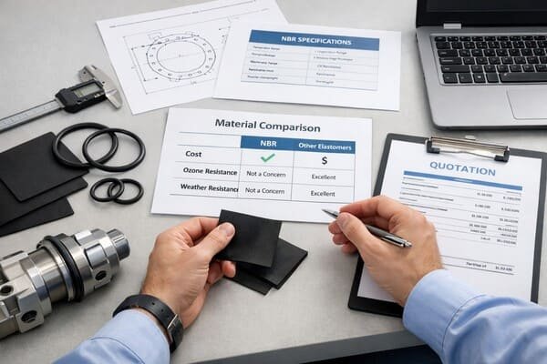 HNBR vs NBR rubber O-ring material guide, showing better heat and ozone resistance for HNBR and lower cost for mild indoor NBR use.