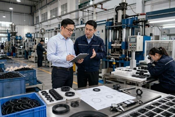 On-site rubber factory audit in rubber manufacturing workshop, showing engineers reviewing production records, molded seals, machines, and quality inspection process.