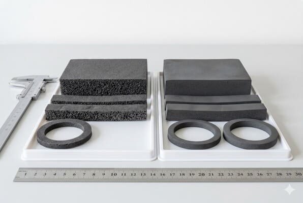 Open cell and closed cell sponge rubber comparison, porous foam strips and rings beside smooth dense profiles on sample trays