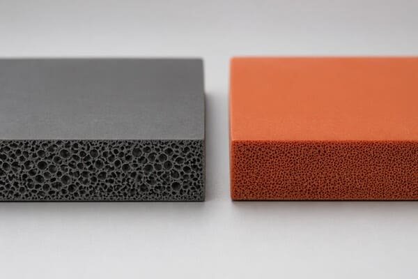 Open cell vs closed cell sponge rubber cross section, coarse gray foam and fine-cell orange sponge shown side by side