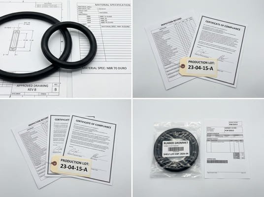 Rubber part purchasing documents under review, including inspection reports, compliance certificates, drawings, and sealed sample components