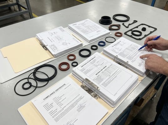 Rubber part purchasing documents under review, including inspection reports, compliance certificates, drawings, and sealed sample components