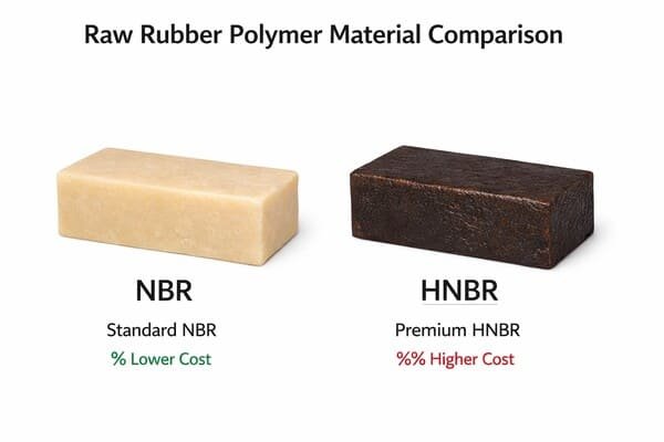 Raw rubber polymer material comparison showing NBR and HNBR blocks, standard nitrile versus premium HNBR, with higher raw material cost.