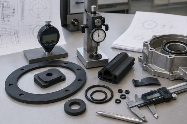 Rubber hardness testing equipment with Shore and IRHD instruments, gaskets, O-rings, extrusions, caliper, and metal housing parts on a lab bench