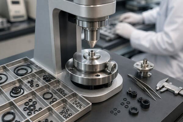 Micro IRHD hardness testing equipment measuring small O-rings, with precision fixture, sample trays, tweezers, and inspection tools