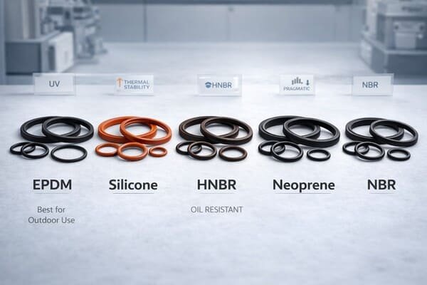 Ozone resistant rubber comparison chart with EPDM silicone HNBR neoprene and NBR O-rings, highlighting outdoor use, thermal stability, and oil resistance.