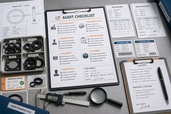 Rubber parts audit preparation checklist, showing inspection forms, sample seals, traceability labels, caliper, magnifier, and quality control documents.