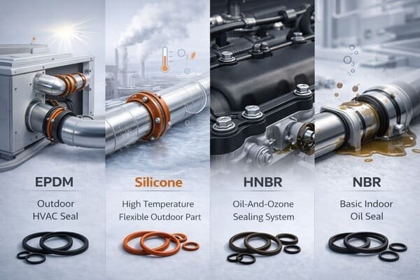 Rubber seal application comparison showing EPDM silicone HNBR and NBR in HVAC ducts, outdoor piping, engine sealing, and oil exposure environments.