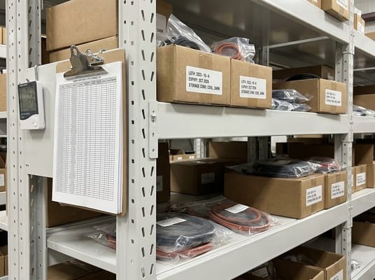 Shelf-life and storage records for rubber parts, showing labeled inventory boxes, packaged seals, and warehouse tracking documents