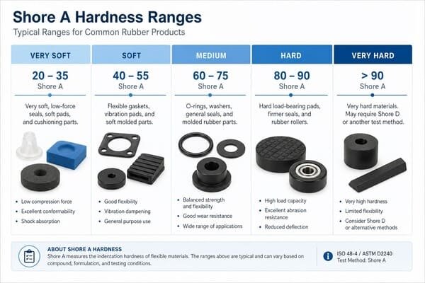 Shore A hardness ranges chart for rubber products, from very soft to very hard, with typical uses for seals, pads, rollers, and load-bearing parts