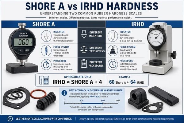 Shore A vs IRHD hardness comparison chart, showing different indenters, force systems, test procedures, and approximate conversion values