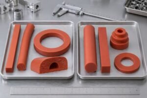 Silicone sponge and solid silicone samples, rings, rods, strips, and profile sections displayed on metal trays with measuring tools