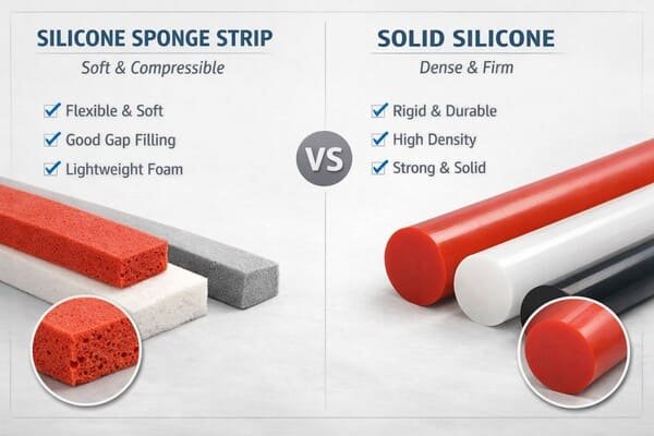 Silicone sponge strip vs solid silicone comparison, showing soft compressible foam texture and dense rigid round rods.