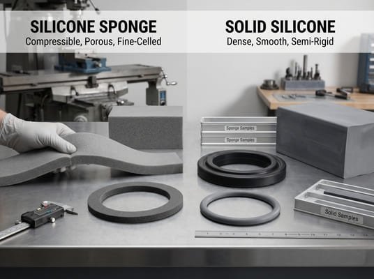 Silicone sponge vs solid silicone comparison, flexible porous sponge seals and dense smooth solid silicone parts on an industrial bench