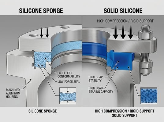 Silicone sponge vs solid silicone sealing diagram, low-force conformability compared with rigid support in compressed assemblies